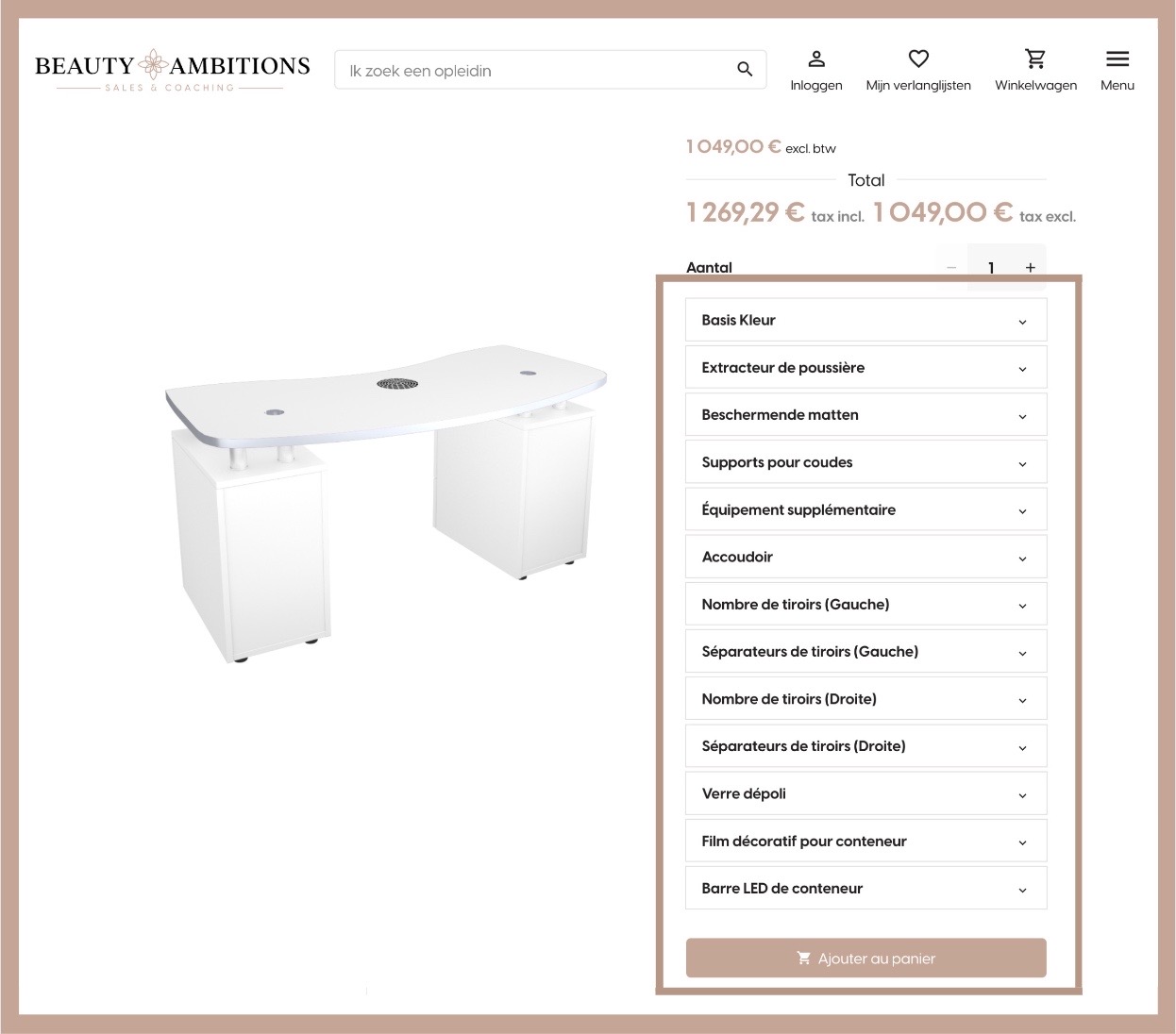Nova Flair manicure tafel voorbeeld product pagina met het personalisatie paneel geaccentueerd